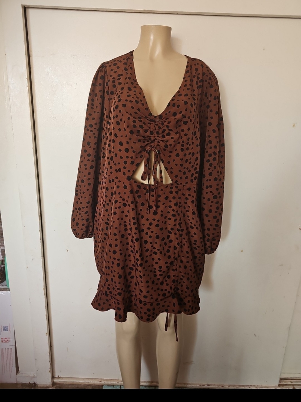 SHEIN Brown Polka Dot Drawstring Front Mini Dress